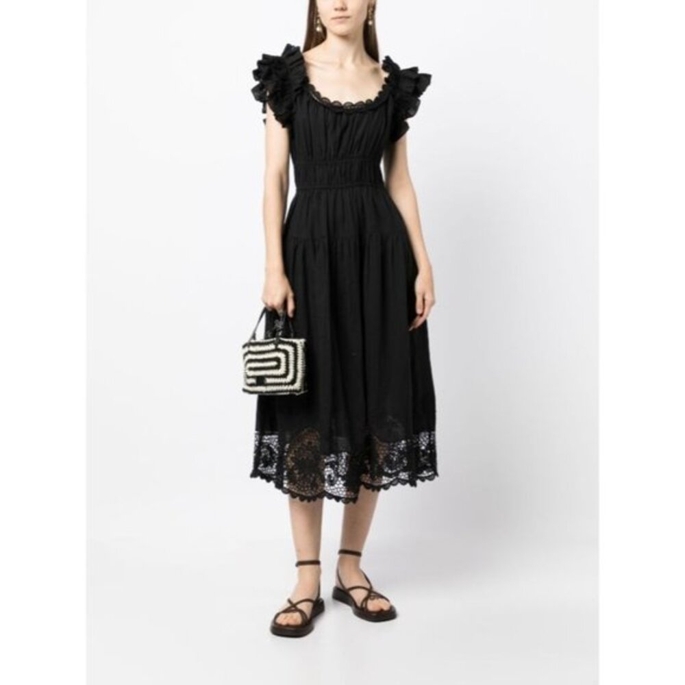 Ulla Johnson Leona ruffled midi black linen dress Size 4